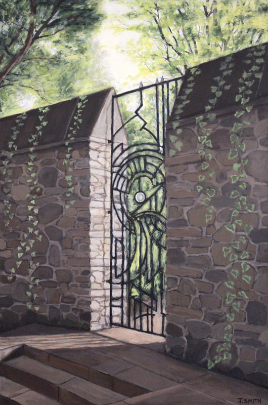 Unseen possibilities: St John's garden gate. Acrylic on canvas. Painting by Jack Smith, Oxford artist. 