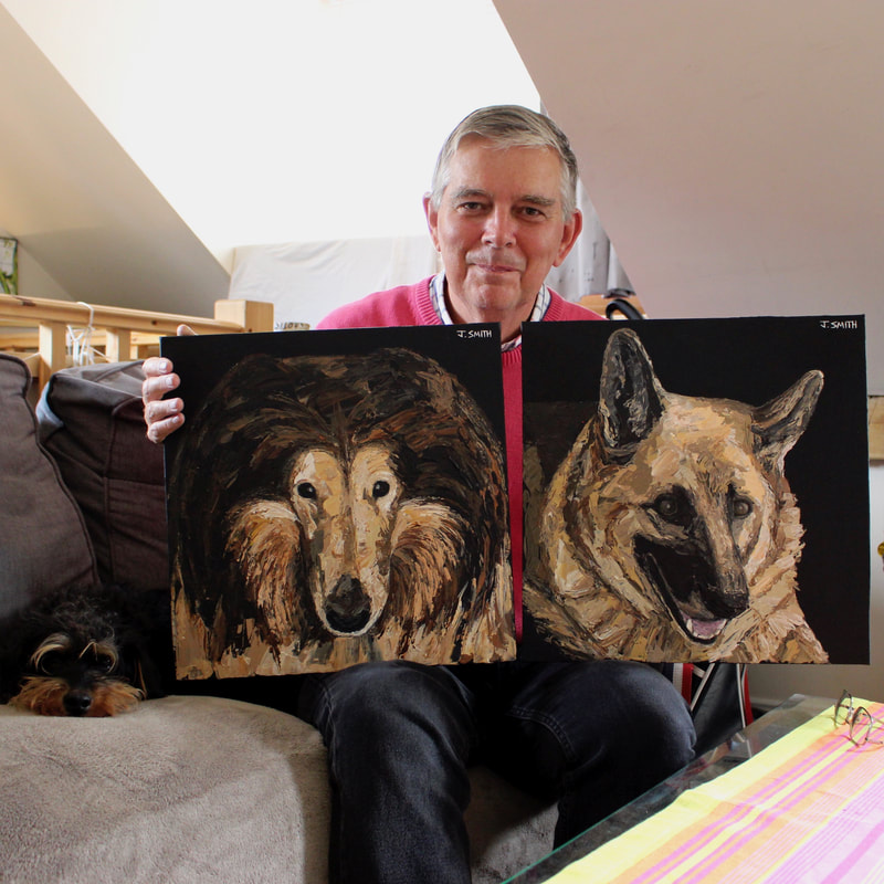 Peter Gee with his pet portraits by artist, Jack Smith. 