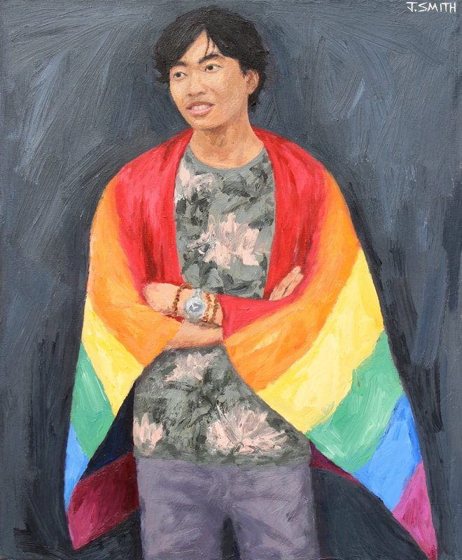 LGBT portrait of Alfie, Oxford University. Painting by Jack Smith. 