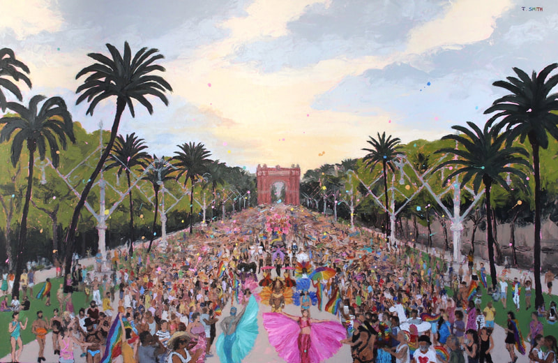 Painting of Barcelona Pride parade at arc de triumf. Painted by artist Jack Smith