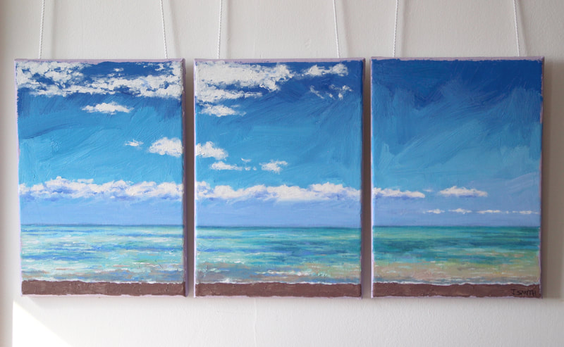 Brighton Beach triptych, 2018. Painting by Oxford artist, Jack Smith.