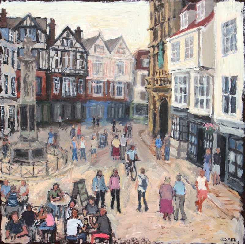 Lowry inspired painting of Canterbury Buttermarket. Townscape by Jack Smith artist. 