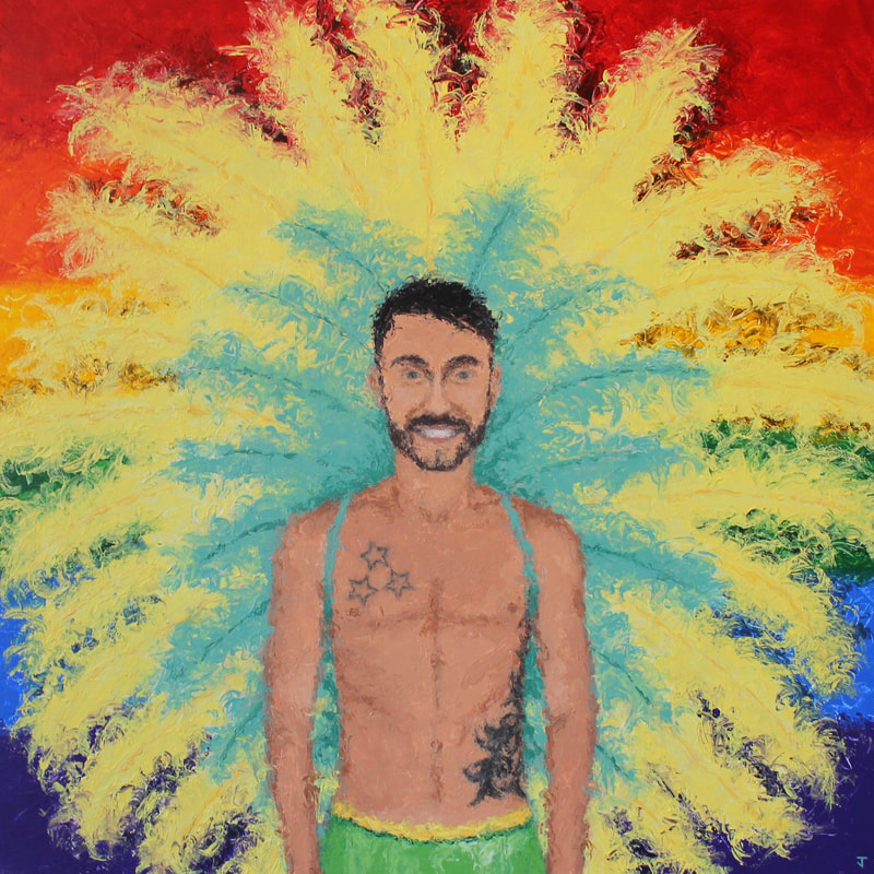 Rainbow portrait painting of Chris with feathers by Jack Smith artist. 