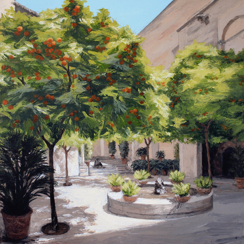 Courtyard at Museo Frederic Marès. Orange tree courtyard painting, Barcelona by Jack Smith artist