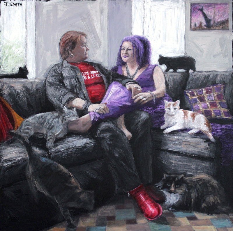 Portrait of Mazz Image and Debbie Brixey with their six cats. Acrylic on canvas, 2019. Oxford Pride holdtight exhibition. Painting by Jack Smith.