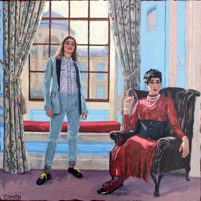 Portrait of Eaton Messe and Christian Adore, Oxford drag performers- The Dragprov Revue. Queens college Oxford. Acrylic on canvas. Painting by Jack Smith.