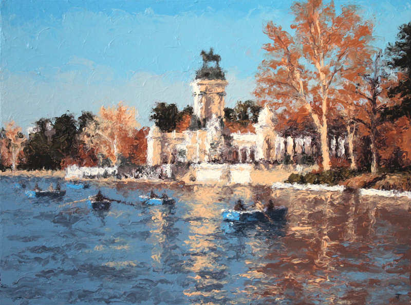 Painting of Madrid, Estanque Grande del Retiro. Boating lake in Madrid by artist Jack Smith