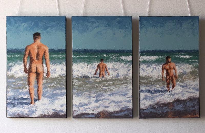 Barcelona painting evening swim triptych by Jack Smith artist 
