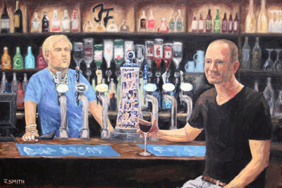 Portrait of Andy and Neil at the gay pub, Jolly Farmers, Oxford. Acrylic on canvas 2018. 