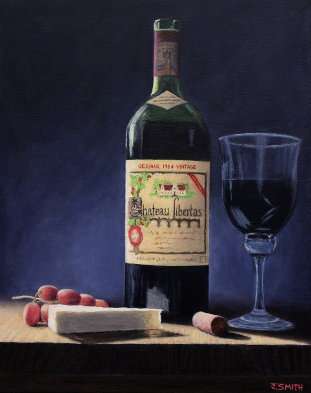 Chateau Libertas South African wine still life painting (2018). Acrylic on canvas by Jack Smith artist.