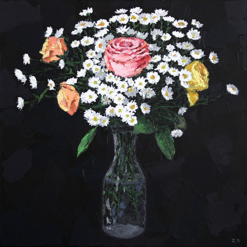 Daisies and Roses. Acrylic on canvas painting by Jack Smith, Oxford artist. 