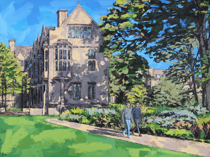 Palette knife painting of Merton College Gardens, Oxford by Jack Smith artist. 