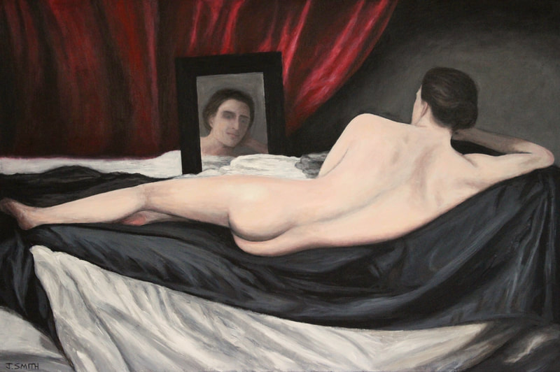 Nude portrait of male looking into mirror based Velazquez painting of Venus. Jack Smith artist. 