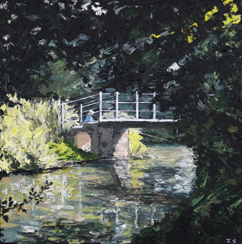 Fishing. Painting by Oxford artist, Jack Smith . Impressionist painting of bridge. 
