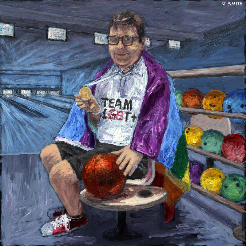 Portrait of Frank Hardee. Gold medalist at the Gay Games for bowling. Acrylic on canvas. Painting by Jack Smith artist.  