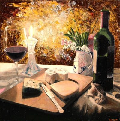 Wine and cheese still life oil painting by Jack Smith.