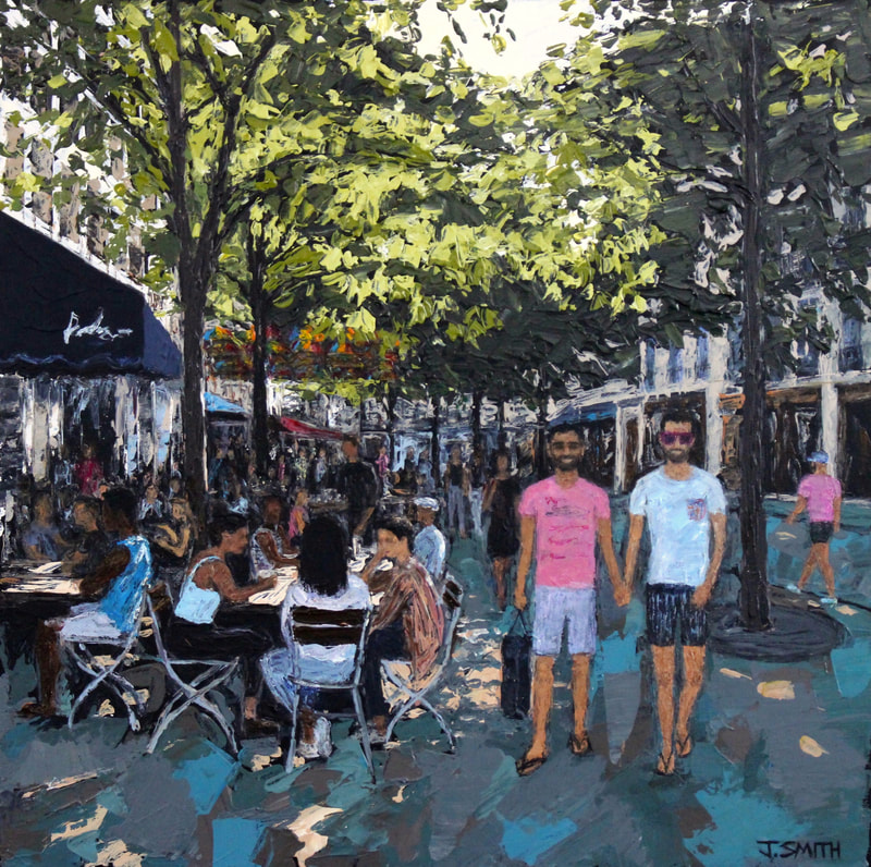 Le Marais. Acrylic on canvas, 2019. Painting of Paris gay district by Jack Smith artist. 