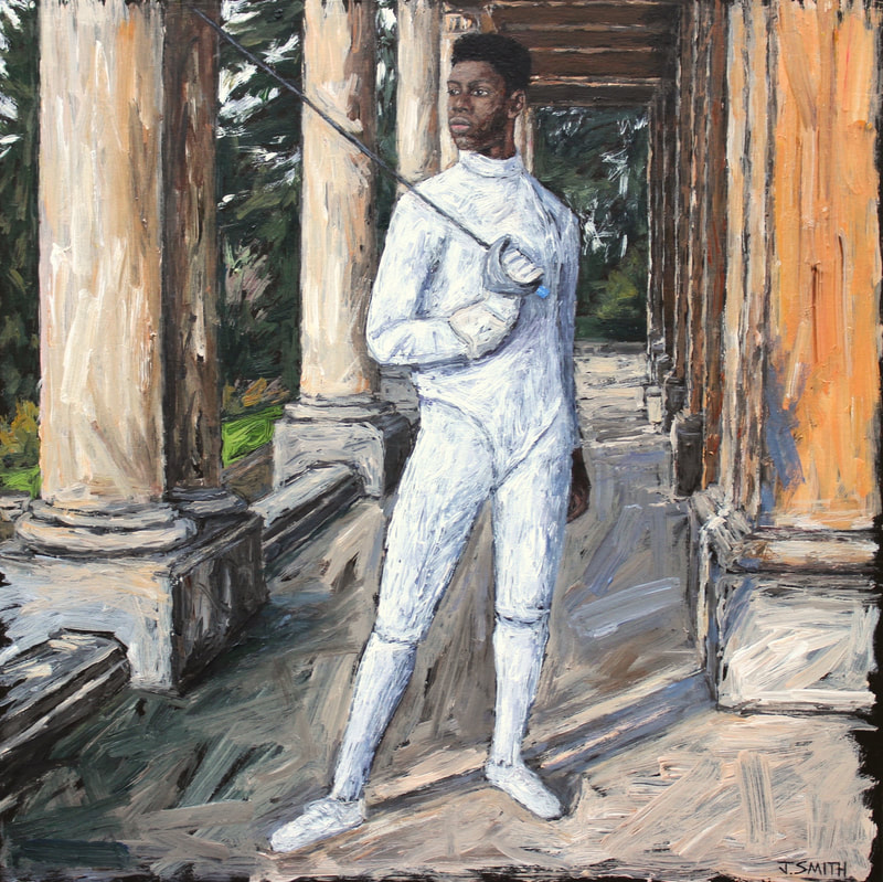 Portrait of Lincoln fencing. Headington Hill Hall, Oxford. Acrylic on canvas. Painting by Jack Smith artist. 