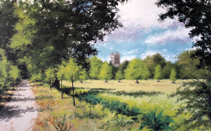 Painting of Addison's walk on Magdalen Meadow Oxford, by artist Jack Smith. 