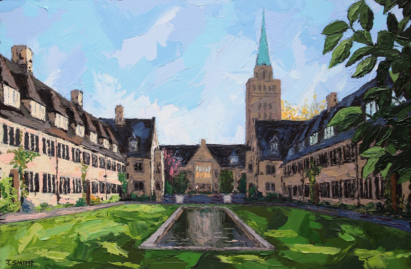 Impasto painting of Nuffield College by Oxford artist, Jack Smith. Acrylic on canvas. 