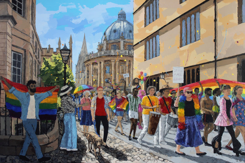 Painting of Oxford Pride Parade by Jack Smith Artist. 