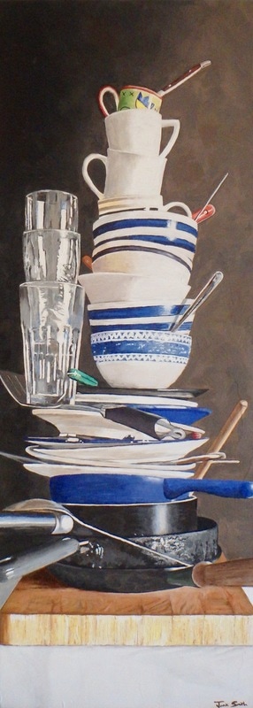 Still life painting of pile of washing up, by Jack Smith. Acrylic on canvas. 