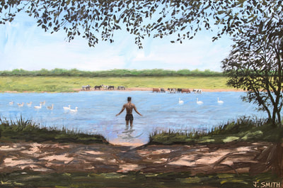 Swimming in the river Thames at Port Meadow, Oxford. Painting by artist Jack Smith. 