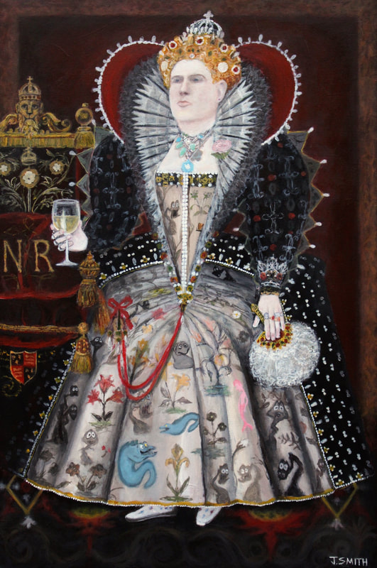 Portrait painting of Neil as Queen Elizabeth I. Queen Neil I. Jack Smith paintings