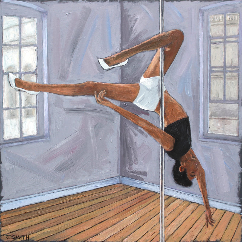 Robin De Meyere pole dancer portrait by Oxford artist, Jack Smith. Pole sports Oxford. Acrylic on canvas.