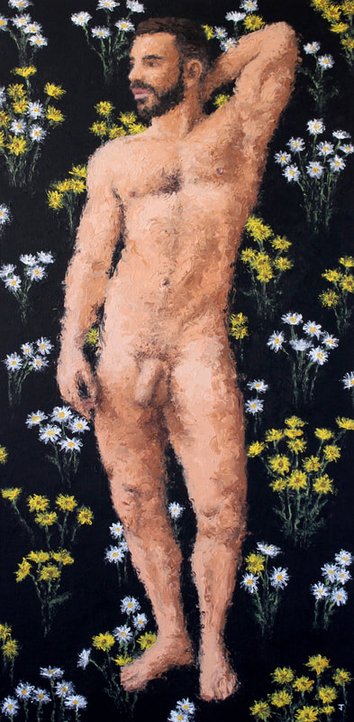 Portrait painting of Sebastian with daisies by Jack Smith artist Barcelona