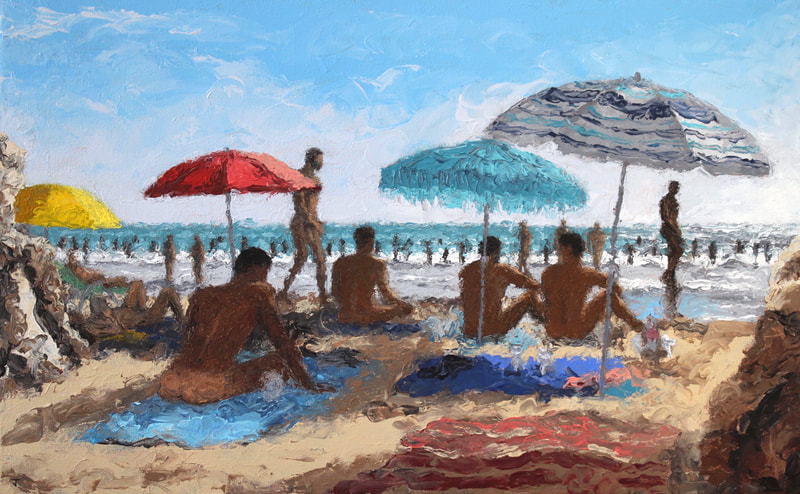Sitges, Platja dels Painting of Balmins gay beach Barcelona by Jack Smith artist. 