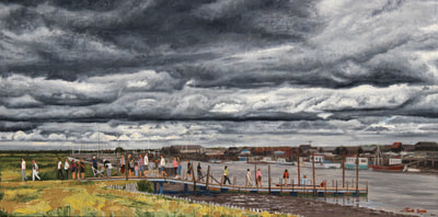 The Walberswick to Southwold ferry crossing. Oil and acrylic on canvas painting by Jack Smith.