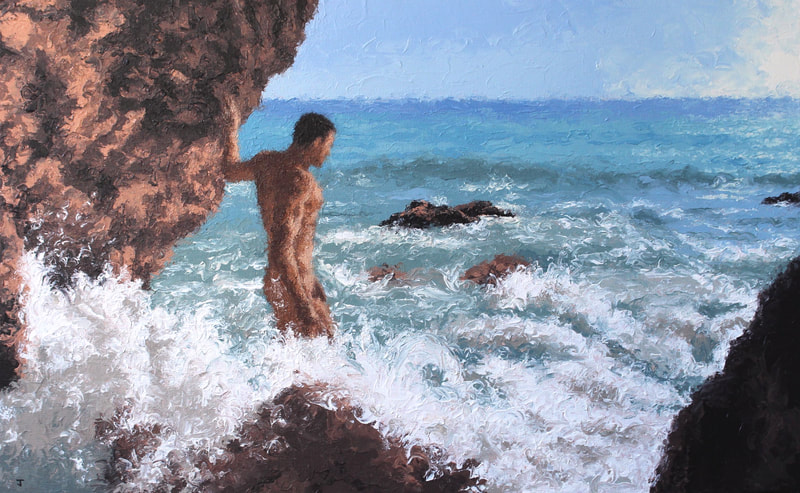 Nude portrait painting of Tomas in the sea at Sitges, Barcelona by Jack Smith artist