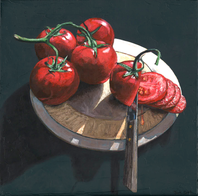 Still life painting of tomatoes by Jack Smith. Acrylic on canvas.