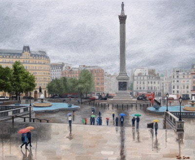 Umbrellas at Trafalgar square, oil painting by Jack Smith.