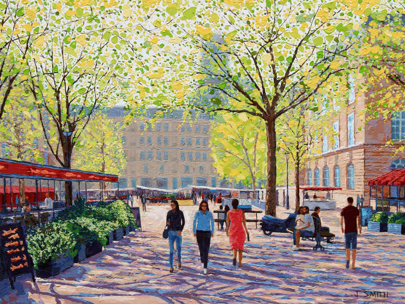 Walking to the market Impasto Paris painting by Jack Smith. Acrylic on canvas. Painting with knives.