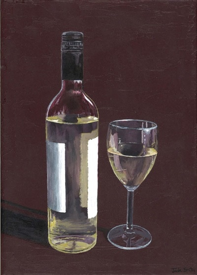Still life painting of white wine by Jack Smith. Acrylic on canvas.