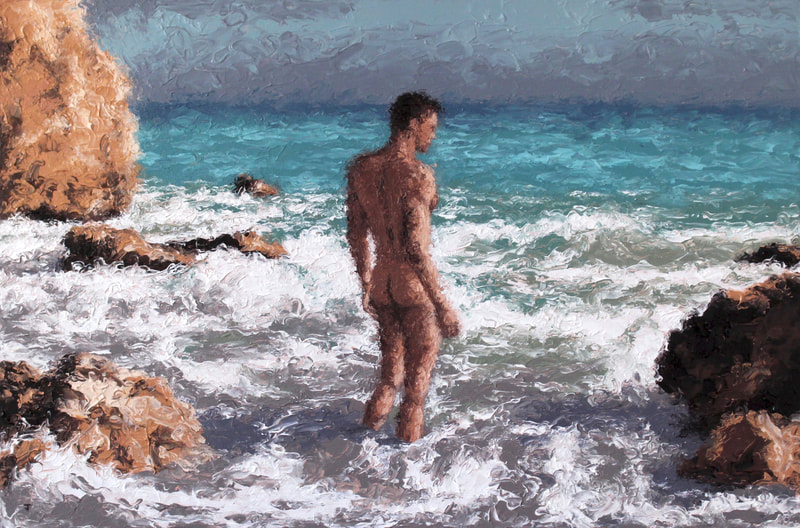 Painting of winter swim at Sitges by Jack Smith artist