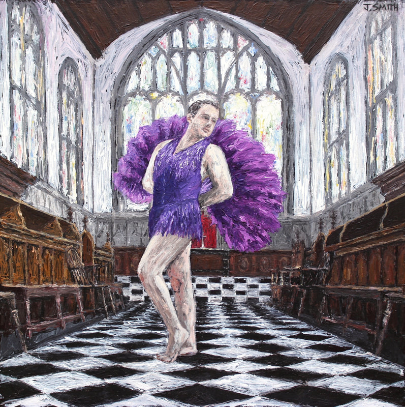 Portrait of Xander (Frisky Whispers). Burlesque dancer in Wadham Chapel, Oxford. Acrylic on canvas. Painting by Jack Smith artist 